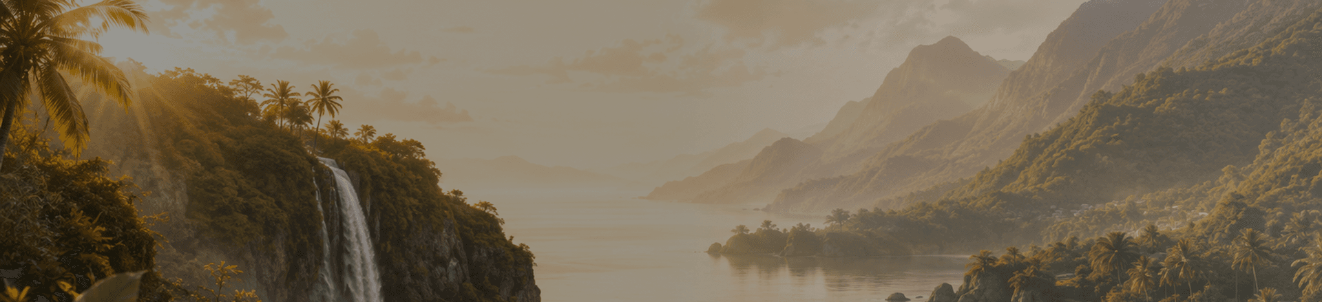 Waterfall and forested mountains above a bay at golden hour