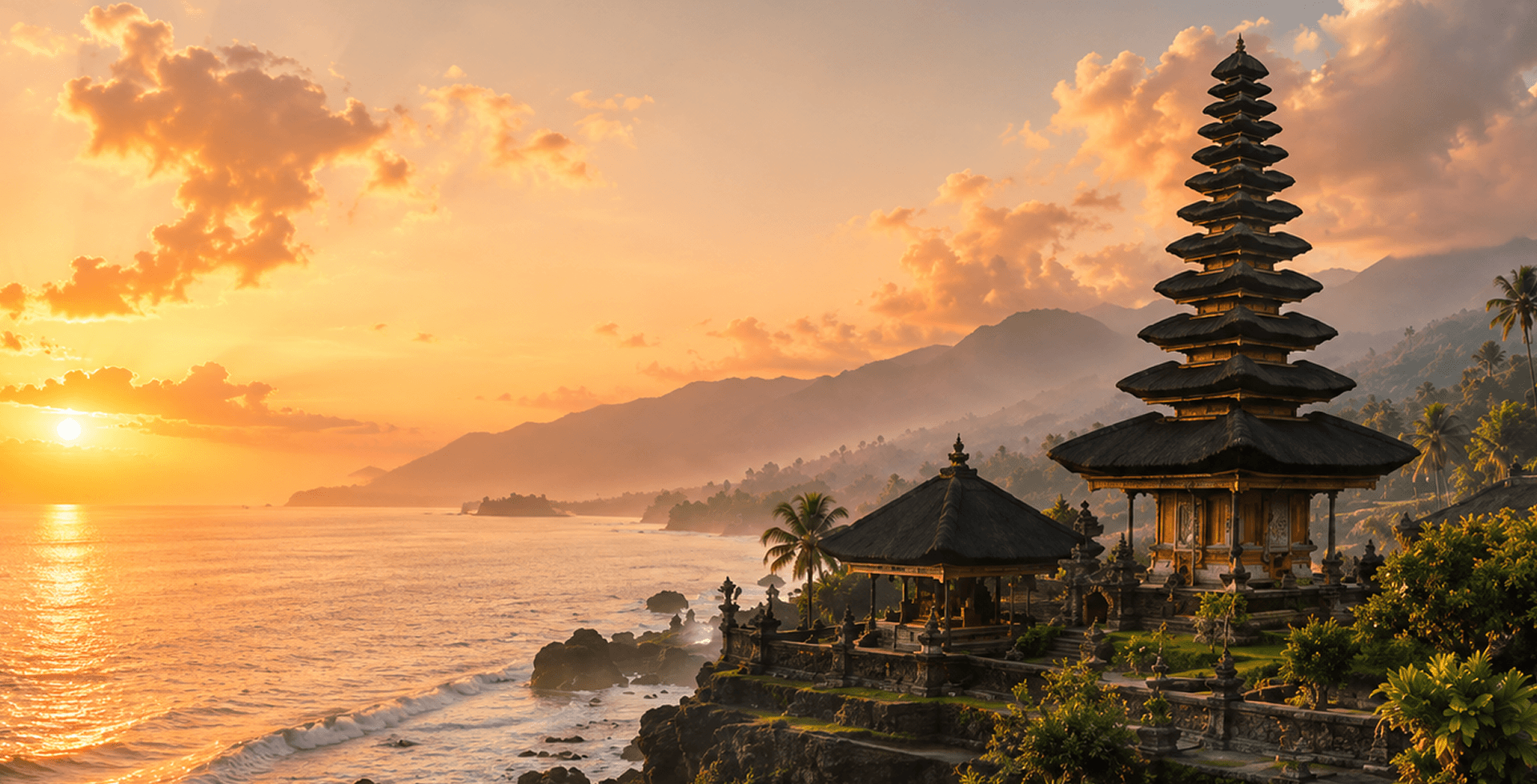 Sunset over a Balinese temple on the coast