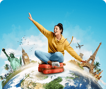 Traveller sitting on a suitcase atop a globe ringed with world landmarks